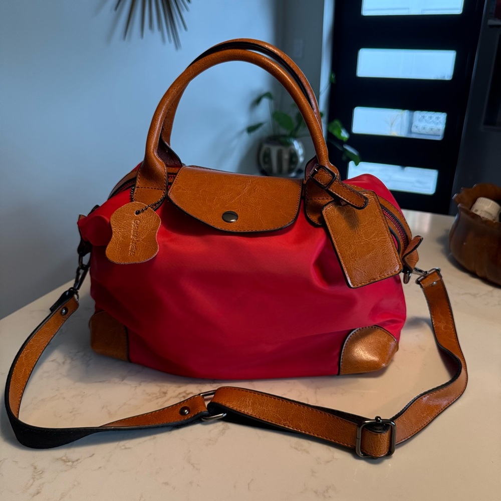Red Nylon & Tan Leather Trim Shoulder Bag | Le Pliage Style | Crossbody